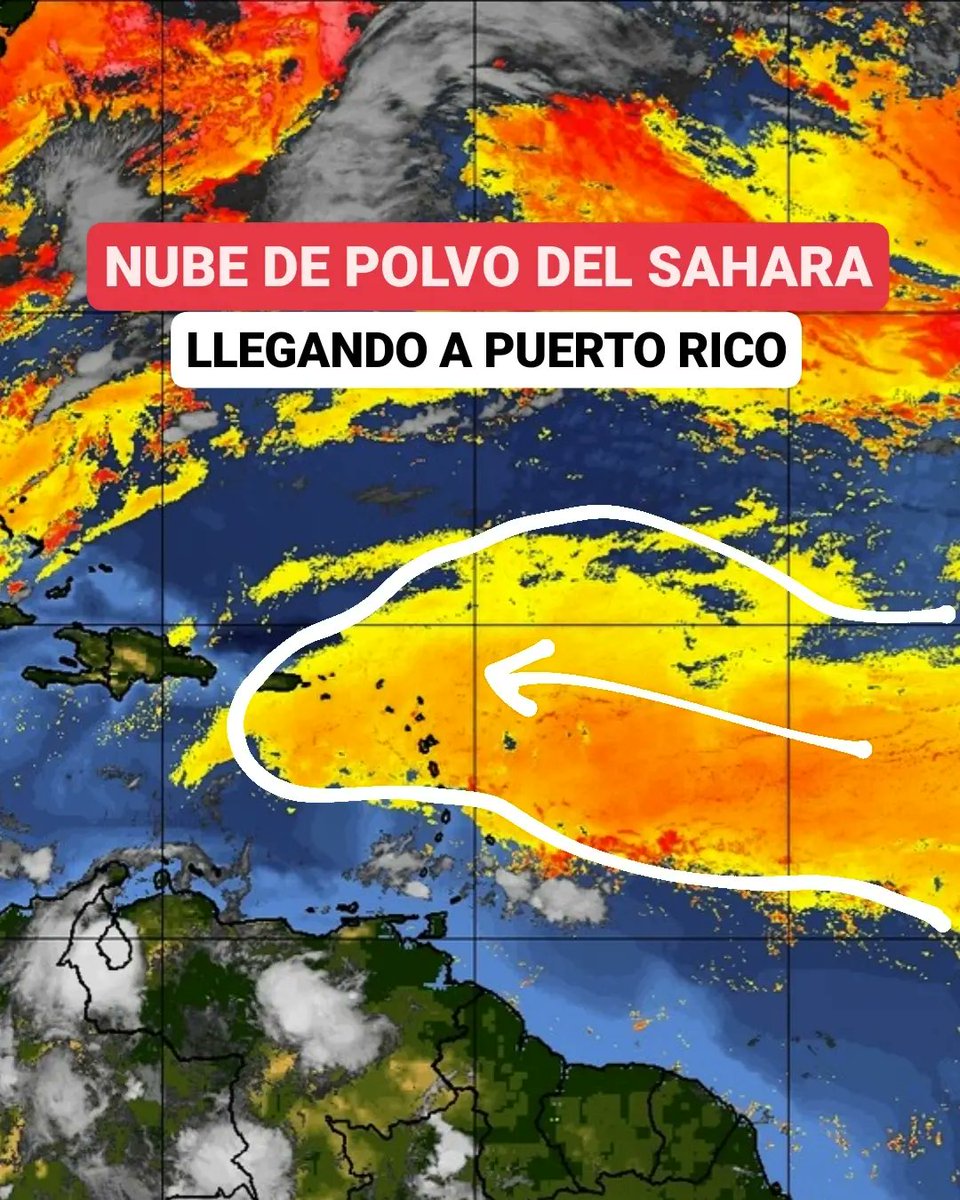 JeanSuriel's tweet photo. 🔴🔴ATENCIÓN🔴🔴
Una nube de polvo del Sahara está llegando a Puerto Rico y en las próximas horas sus partículas se acercarán al este de República Dominicana: mañana martes empezará a incidir en el país, aumentando la sensación calurosa y provocando procesos alérgicos.

⚠️Es una nube moderada, pero se quedará hasta el fin de semana en nuestro país por lo que las precipitaciones tenderán a ser menores en los próximos días.

⚠️Estas partículas se unirán al alto contenido de humedad que está llegando desde el Mar Caribe: mucha atención porque esta semana será muy calurosa en RD.

⚠️La sensación más calurosa se registrará entre 11 AM y 4 PM: recomendamos ingerir mucho líquido, estar en áreas frescas y vestir ropas claras.

⚠️Incrementarán las alergias respiratorias, oculares y de la piel en gran parte del país.

➡️ @AgendaClimatica 
▶️ https://t.co/OBEFwksFsW