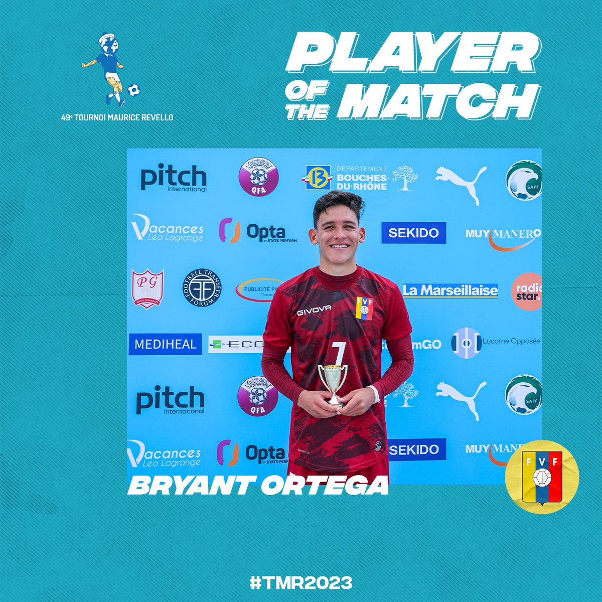 TournoiMRevello's tweet photo. ⭐ 𝗝𝗢𝗨𝗘𝗨𝗥 𝗗𝗨 𝗠𝗔𝗧𝗖𝗛

🇻🇪 Félicitations à 𝗕𝗿𝘆𝗮𝗻𝘁 𝗢𝗥𝗧𝗘𝗚𝗔 élu Joueur du match !

@Bryantortega888 @SeleVinotinto 

#VENCRC #TMR2023 https://t.co/XnFT6JYoUN