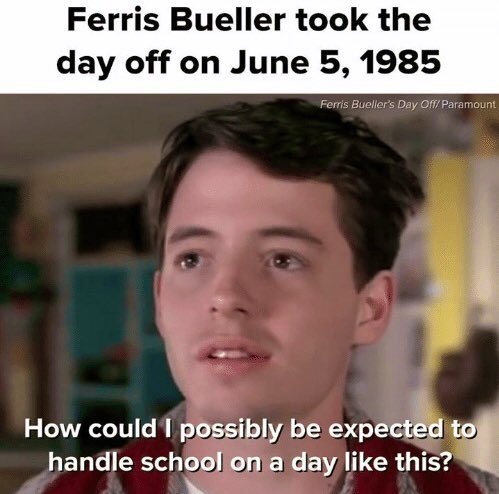 JakeRudh's tweet photo. Based on the Cubs game he, Cameron and Sloane attended, Ferris Bueller took a Day Off on this day in 1985. https://t.co/XqDWIJbLm9