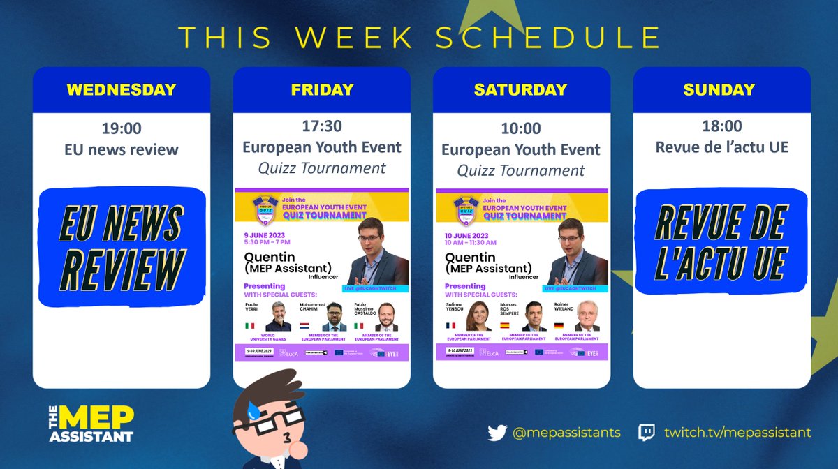 mepassistant (@mepassistants) on Twitter photo 🚨MY WEEK ON #Twitch🚨
- EU news review
- European Youth Event in Strasbourg with <a href="/EUCA_BXL/">EucA</a> ft Paolo Verri, MEP <a href="/MChahim/">Mohammed Chahim</a>, MEP <a href="/FMCastaldo/">Fabio Massimo Castaldo</a>, MEP <a href="/salima_yenbou/">Salima Yenbou</a>, MEP <a href="/mrossemp/">Marcos Ros Sempere</a> and MEP Reiner Wieland. #EYE2023
- Revue de l'actu UE
👉twitch.tv/mepassistant 🚨MY WEEK ON #Twitch🚨
- EU news review
- European Youth Event in Strasbourg with <a href="/EUCA_BXL/">EucA</a> ft Paolo Verri, MEP <a href="/MChahim/">Mohammed Chahim</a>, MEP <a href="/FMCastaldo/">Fabio Massimo Castaldo</a>, MEP <a href="/salima_yenbou/">Salima Yenbou</a>, MEP <a href="/mrossemp/">Marcos Ros Sempere</a> and MEP Reiner Wieland. #EYE2023
- Revue de l'actu UE
👉twitch.tv/mepassistant