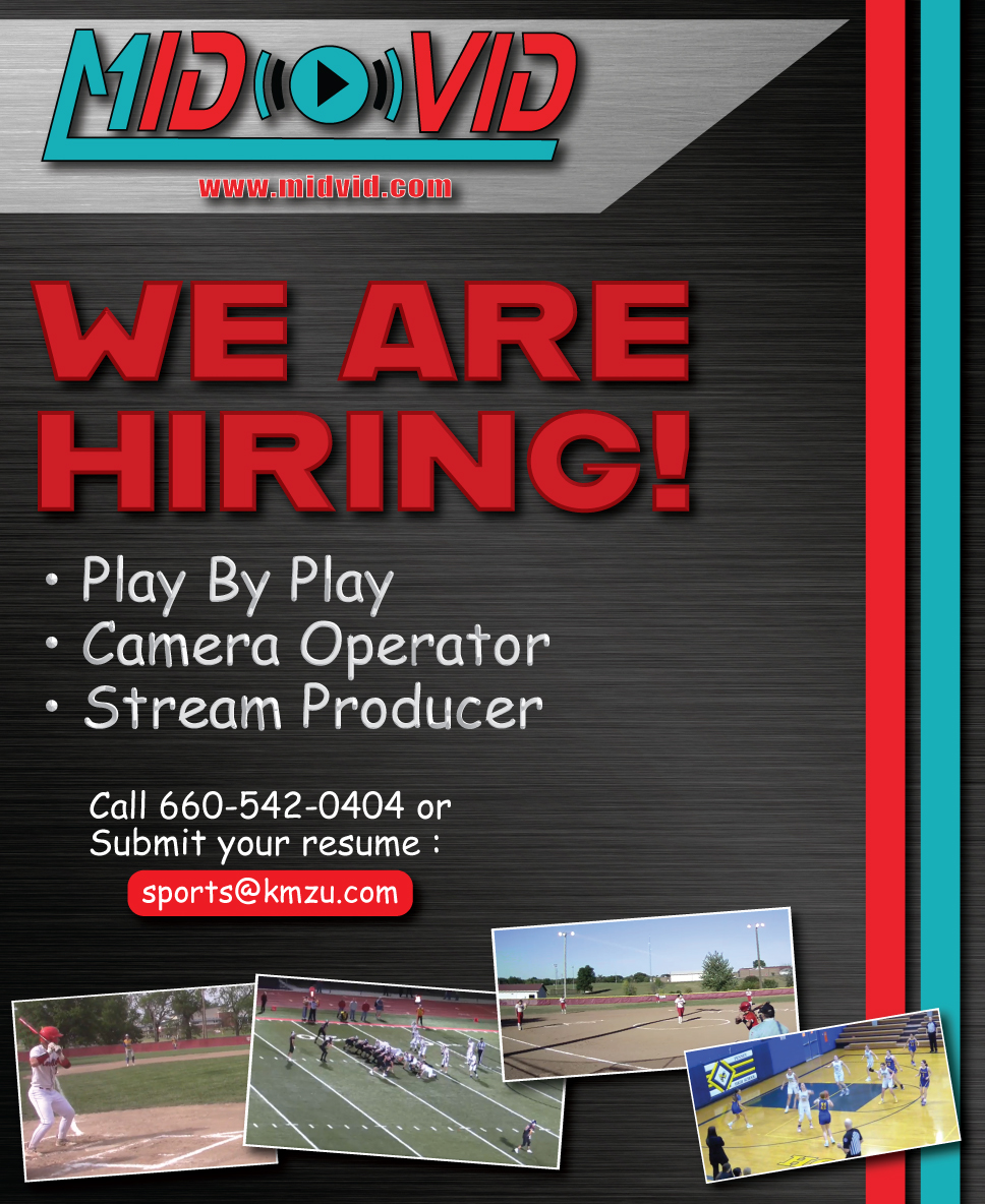 MidVid.com is looking to grow its staff for the 2023-24 school year! If you have a passion for sports, camera work, graphics or just want to learn a new trade..... they could have a spot for YOU! Call 660-542-0404 or email sports@kmzu.com for more details!