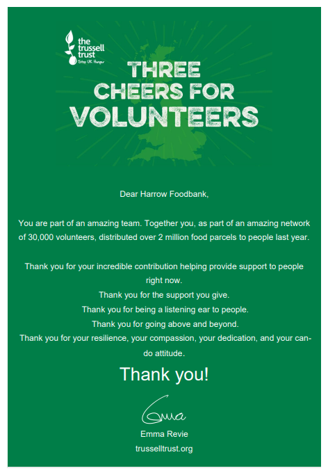 As  #VolunteersWeek ends, we wanted to share this message which has been shared with all Harrow Foodbank volunteers.   

There are so many hours of volunteering that go into making Harrow Foodbank such a valuable service to those in the community who need it most.  Thank you! 😍