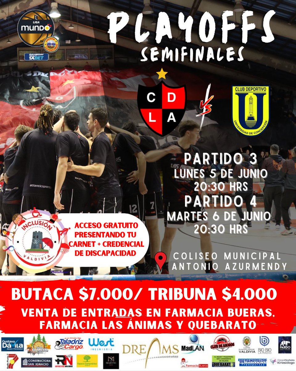 cdla_lasanimas's tweet photo. ¡Ahora somos locales! 👻
No te quedes sin tu entrada para los partidos de este lunes y martes 🏀 La semifinal ahora la jugamos en casa y necesitamos el apoyo de todos! ¡Vamos con todo!
#LasÁnimas #modoplayoffs #Valdiviacl #vamosfantasmas #LigaMundobyCecinasLlanquihue https://t.co/L36ysOYEuP