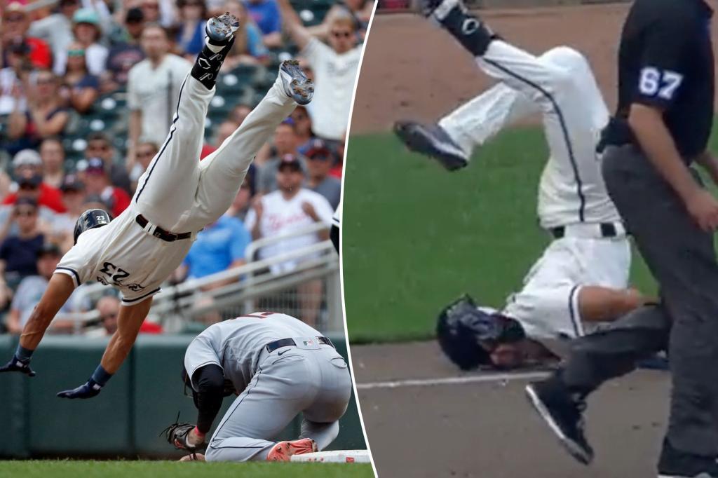 Twins’ Royce Lewis flips over first baseman, lands on head 
A scary scene unfolded during Sunday’s game between the Twins and Guardians, as top Minnesota prospect Royce Lewis initially appeared to suffer a serious injury after doing a flip over Cleveland first baseman Gabrie… https://t.co/n04YXLYuGq