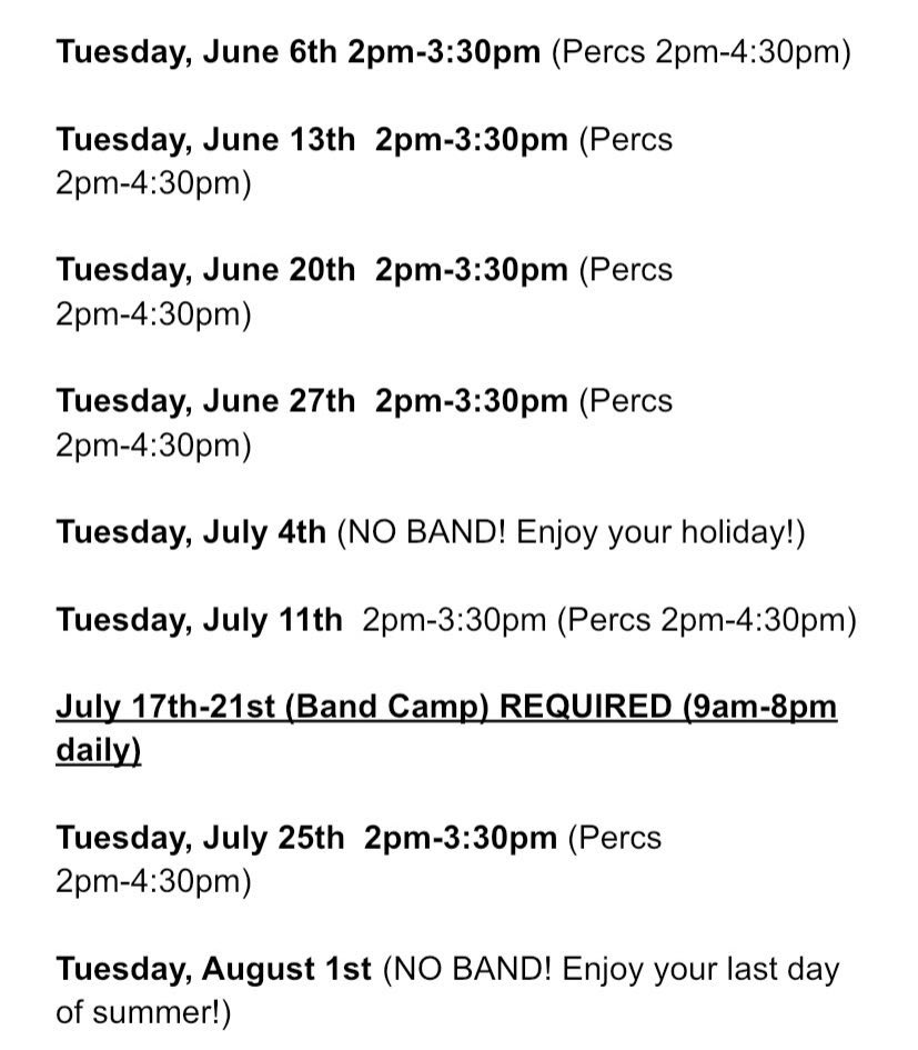 Tomorrow is the first RHS Band rehearsal of the season from 2-3:30pm (percs 2-4:30pm). Bring your music, athletic shoes, and a mouthpiece if you are playing a school marching instrument. See you then!!