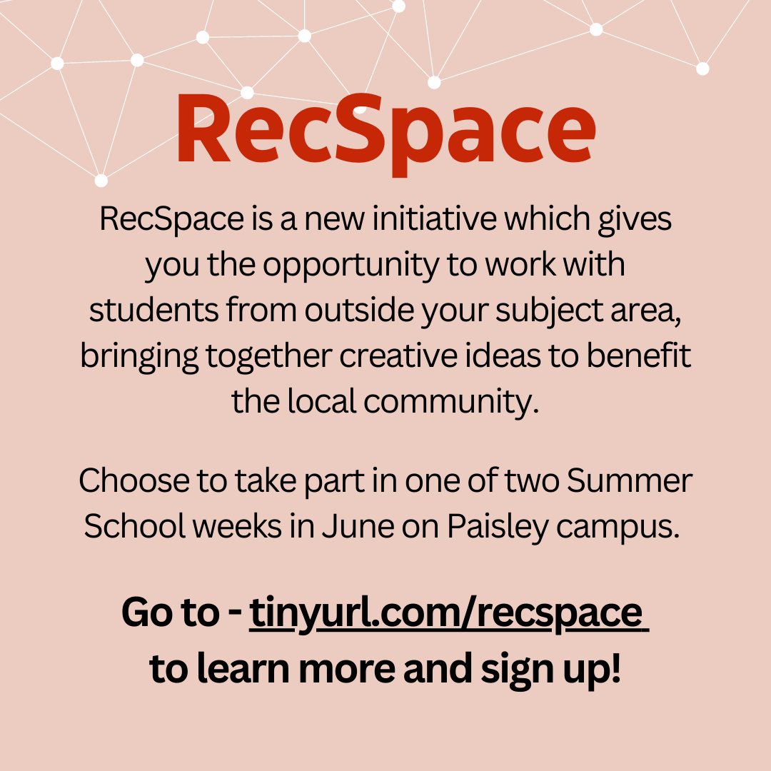 OPEN TO ALL UWS STUDENTS - Summer school week is bringing students from across the university together to work together on community-based projects. Meet new people and use creativity to collaborate on real world problems while boosting your CV! tinyurl.com/recspace