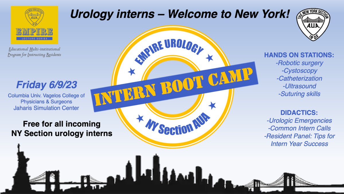 Alex Small (@alexcsmall) on Twitter photo 💪💪 We are so excited for the 2nd Annual <a href="/NYSAUA/">New York Section AUA</a> EMPIRE UROLOGY INTERN BOOT CAMP this week!
NYC's new interns are going to hit the ground running after this high-yield, hands-on day:
📸 Cystoscopy & catheterization
🔊 Ultrasound & prostate biopsy
✂️ Suturing
🤖 Robotic surgery 💪💪 We are so excited for the 2nd Annual <a href="/NYSAUA/">New York Section AUA</a> EMPIRE UROLOGY INTERN BOOT CAMP this week!
NYC's new interns are going to hit the ground running after this high-yield, hands-on day:
📸 Cystoscopy & catheterization
🔊 Ultrasound & prostate biopsy
✂️ Suturing
🤖 Robotic surgery