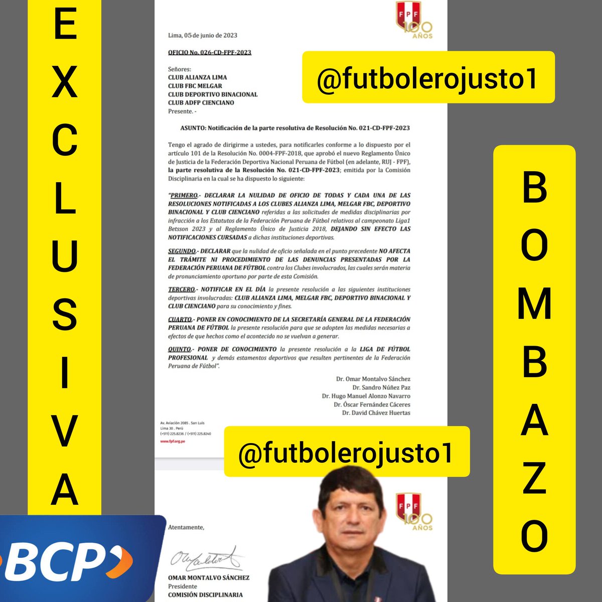 💣⚠️🚨
¡¡¡BOMBAAAAAAZOOOO!!! 
💣⚠️🚨

Luego de enterarse que Agustín Lozano 🤡 falsificó su firma, OMAR MONTALVO SÁNCHEZ acaba de notificarle a Alianza, Melgar, Binacional y Cienciano que todos los oficios recibidos NO VALEN

👉 LA MAFIA DEL REVENDEDOR EMPEZÓ A FALSIFICAR FIRMAS