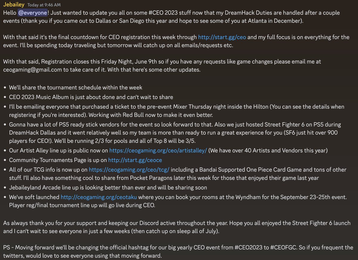 Jebailey's tweet image. Shared a couple updates for @CEOGaming taking place in just a few weeks on the discord.gg/ceogaming I'll share here as well!

Player Registration closes this Friday night on start.gg/ceo so be sure to make your final preparations!