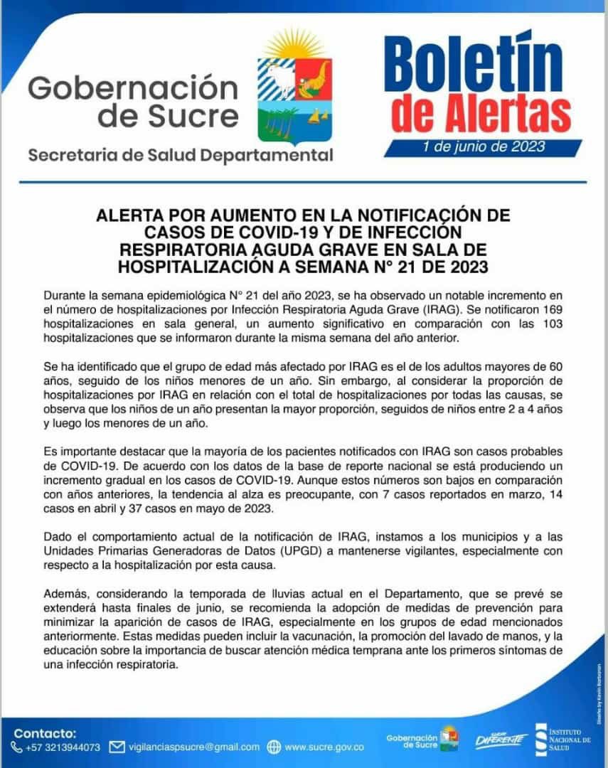 Korraleja's tweet photo. 🔵 ¡Alerta! Aumento en la notificación de casos #covid_19  y de infección respiratoria aguda grave IRAG en el departamento de #Sucre (7 casos en marzo, 14 en abril y y 37 en mayo de 2023). https://t.co/xqxwd0WNDl