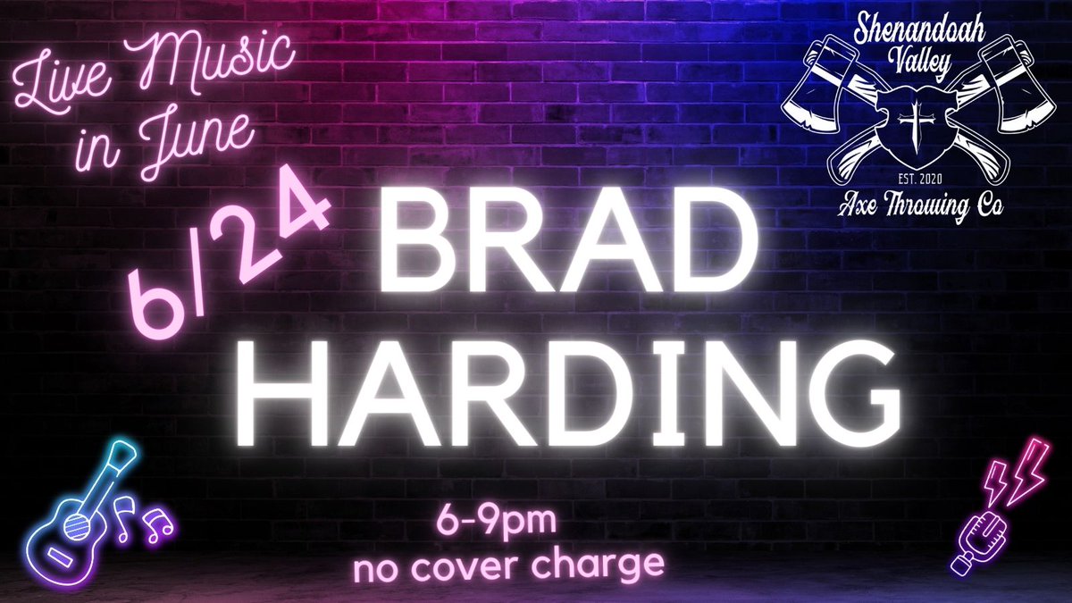 Tonight! Saturday 6/24 6-9pm we have the very talented BRAD HARDING. Fun for the whole family!

#livemusic #livemusicvirginia #livemusicfrontroyal #discoverfrontroyal #axethrowing #shenandoahaxethrowingco #SVAXECO #jonandcharlee