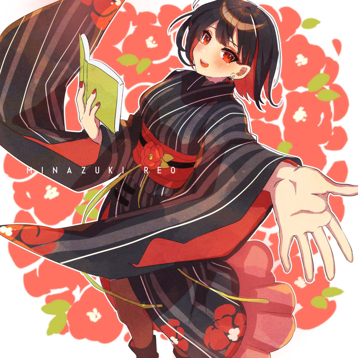 1girl solo kimono japanese clothes black hair book red eyes  illustration images