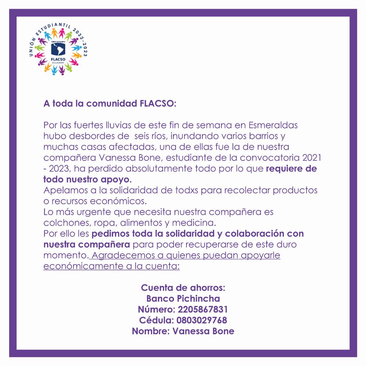 Comite_FLACSOec's tweet photo. Nuestra compañera nos necesita
#Esmeraldas https://t.co/CKgjuv9CaV