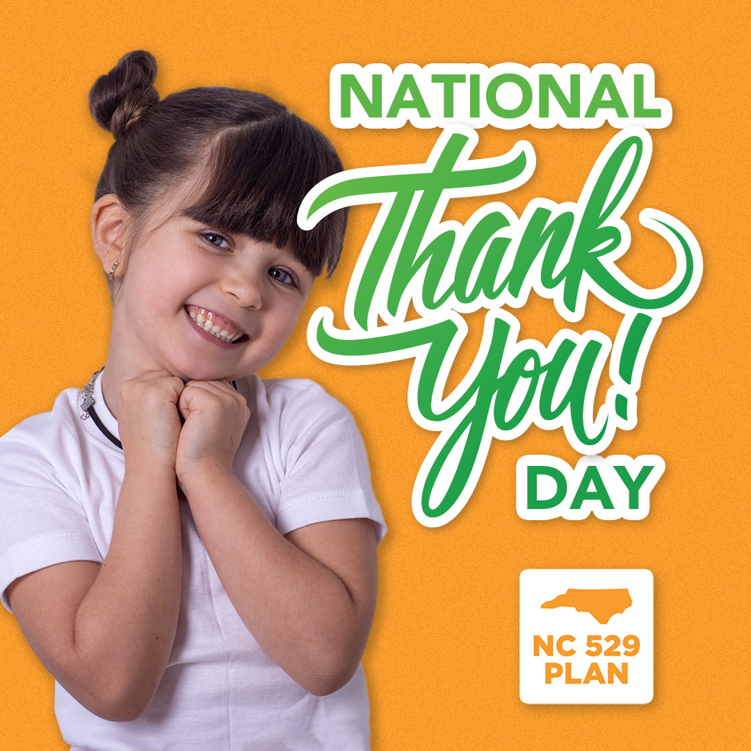 MyNC529's tweet image. It's National Thank You Day! 🙌

Let us know in the comments how you encourage your children to have good manners and show gratitude. Consider encouraging them to thank someone today!

#SaveForCollege #NC529Plan #PayForCollege