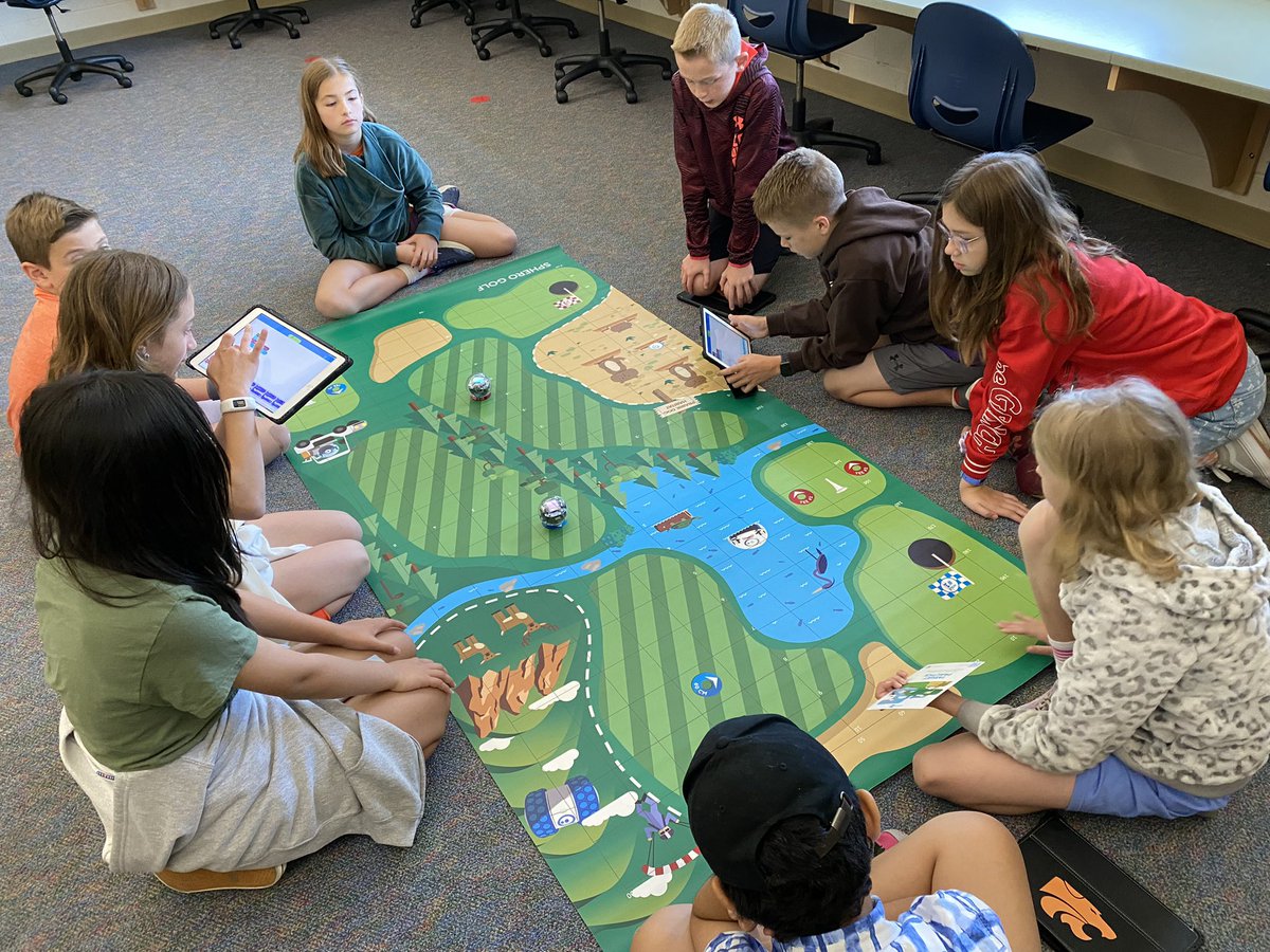 StemPasd's tweet photo. These @pinestreetelem fifth graders are celebrating their final elementary #STEM class with some @SpheroEdu golf and soccer! #coding #csforall #collaboration @PalmyraSchools #STEMstronger https://t.co/uwar8BmwKR