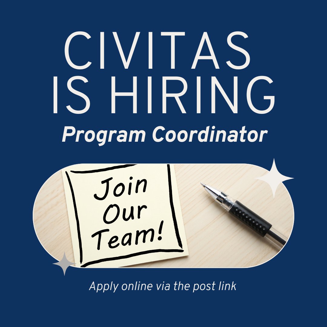 📢 WE ARE HIRING! 📢: The Civitas team is seeking a temporary, full-time person to join our team as a Program Coordinator. In this role, you will provide a mix of programmatic and administrative support. Learn more &amp; apply today. jobs.smartrecruiters.com/CivitasNetwork…