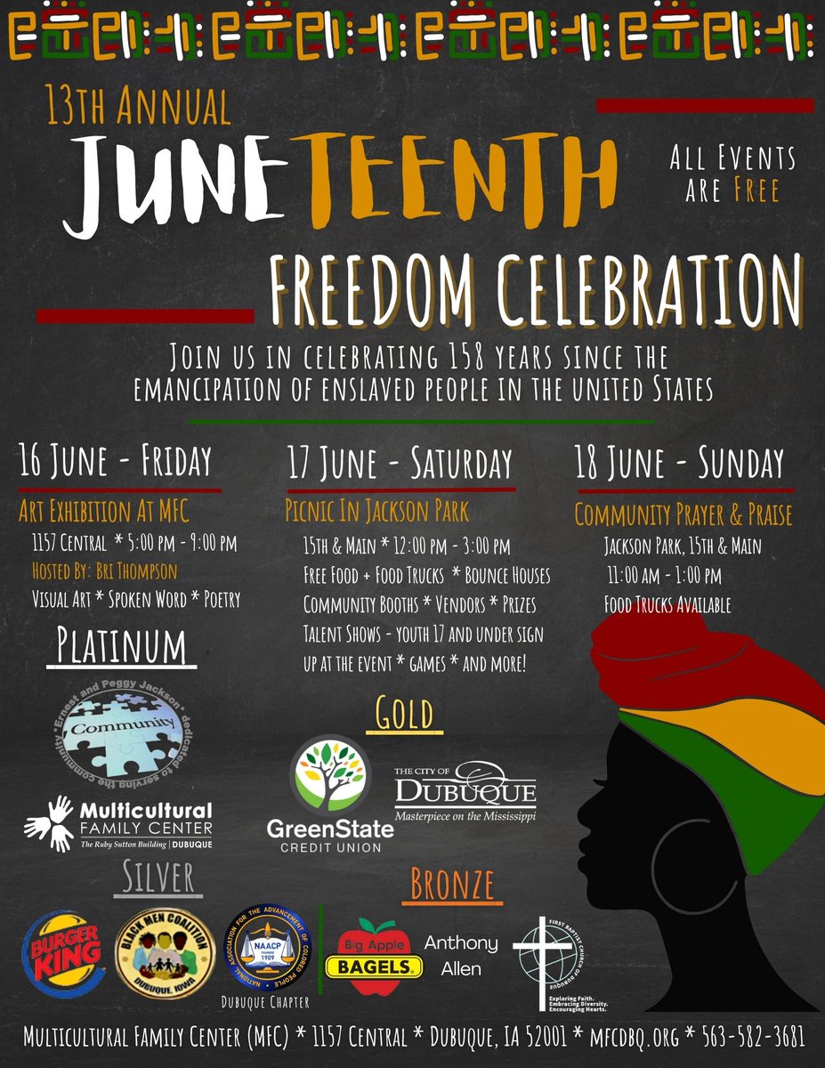 UDMSE1's tweet photo. Next Friday, Saturday, Sunday (June 16-18)

Juneteenth events in Dubuque! https://t.co/v7xO27b749