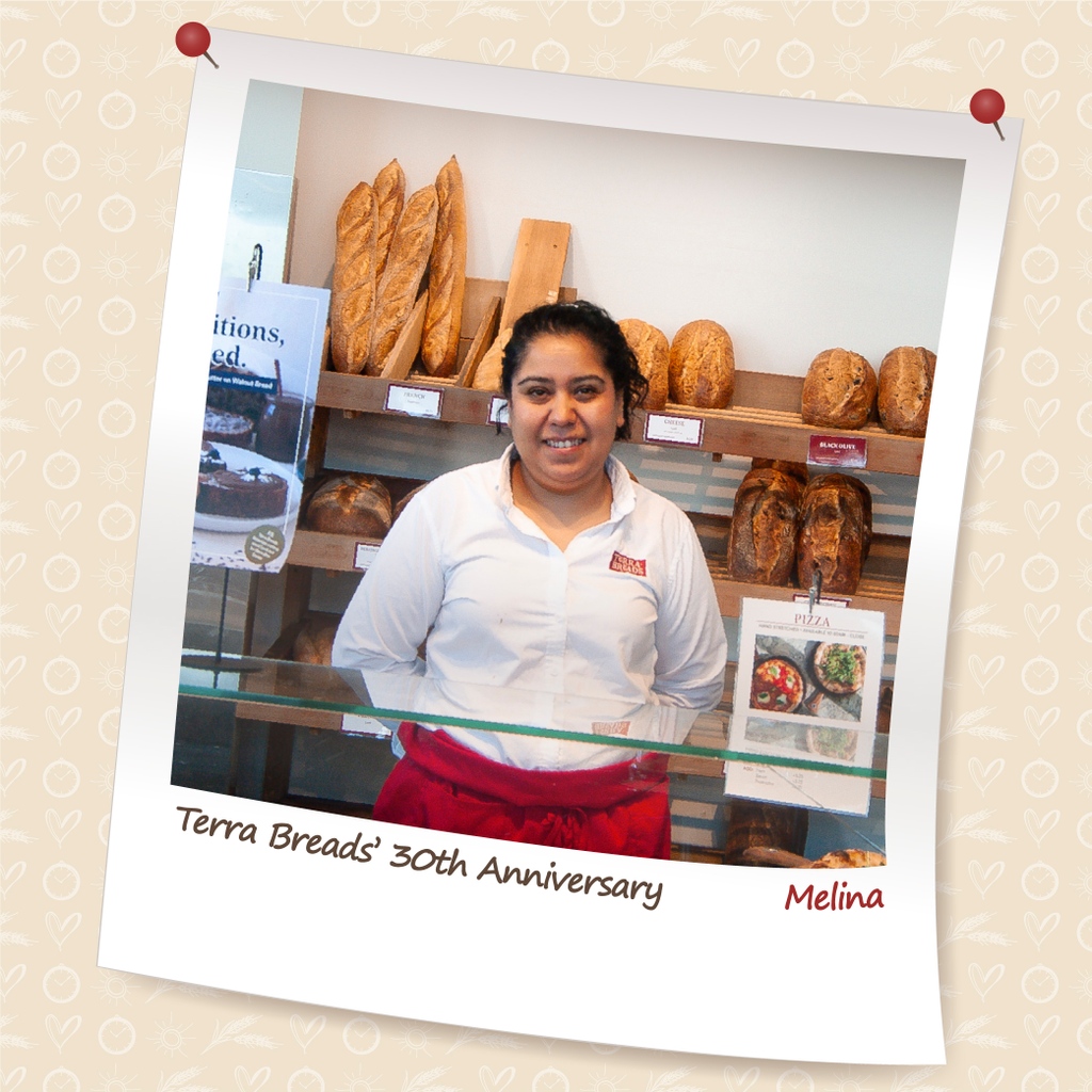 Melina has been with us for 5 years and is currently a Retail Supervisor at our Olympic Village café, where she makes sure things are running smoothly.

Head over to our Instagram page (<a href="/TerraBreads/">Terra Breads</a>) to learn more about Melina + the people who make Terra Breads what it is!