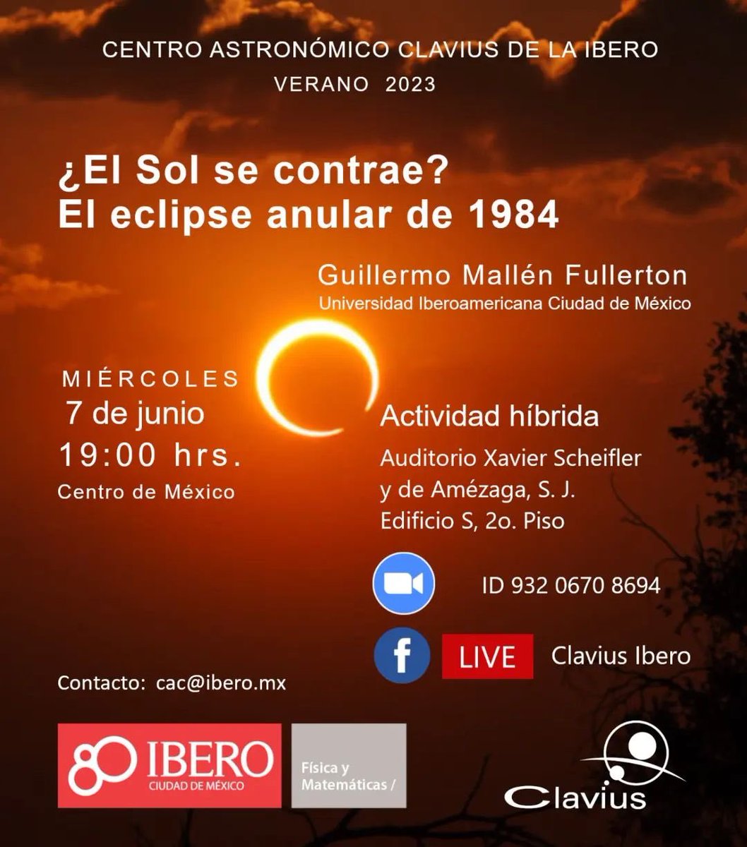 No te pierdas la conferencia de esta semana:
¿El Sol se contrae?
El eclipse anular de 1984

¡Modalidad híbrida! La actividad será presencial y a distancia. 

Lxs esperamos a las 19:00hrs