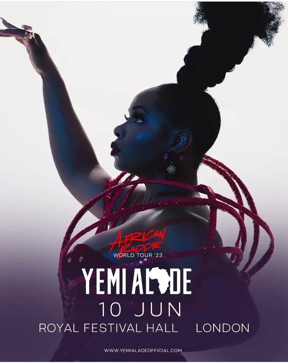 #AfricanBaddieWorldTour show 4 🔥
Yemi Alade is coming to London UK 🇬🇧

Get ready for an amazing performance. @yemialadee

Tickets available: tickets.southbankcentre.co.uk/select-area/12…

#WorldEnvironmentalDay, Lavia, Afghan, Holly, Lilith, #fathersday, #BeatPlasticPollution, Halsey