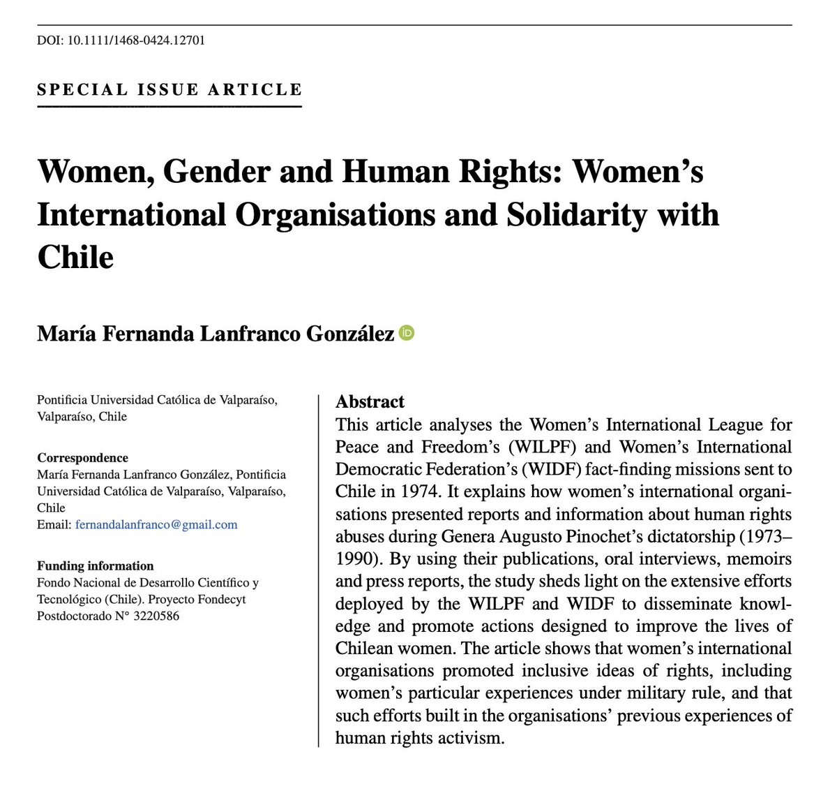Happy to share my article about women's international  organisations' fact-finding missions to Chile in the 1970s! Look out for the full special issue on women's rights and human rights in @GenderHistory