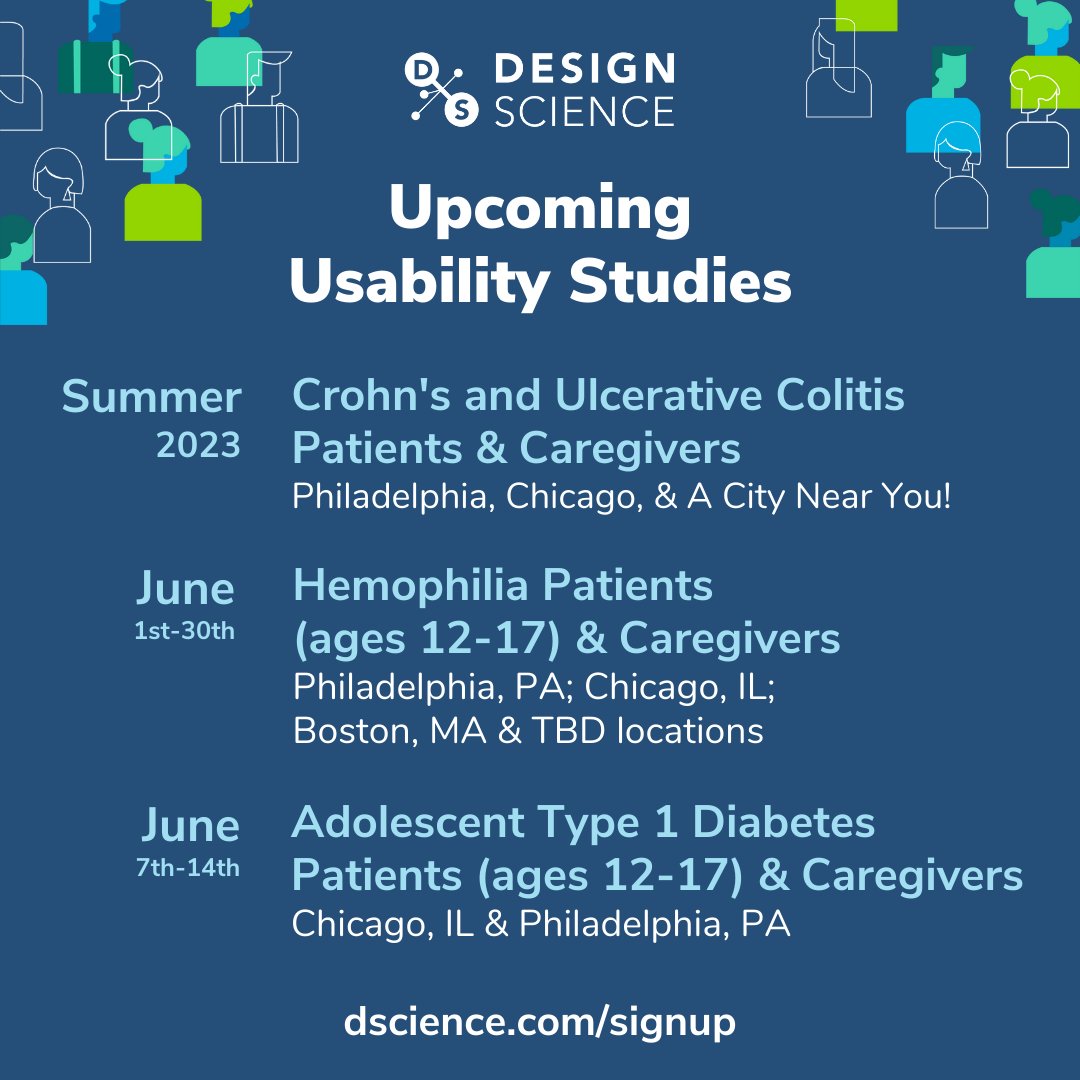 designscience's tweet image. Announcing our upcoming summer usability studies! Sign up at the link in our bio if you think you may qualify or if you&apos;re interested in participating. 

#crohnsdisease #ulcerativecolitis #hemophilia #hemophiliaparents #diabetes #kidneydisease #UsabilityStartsHere #UXdesign