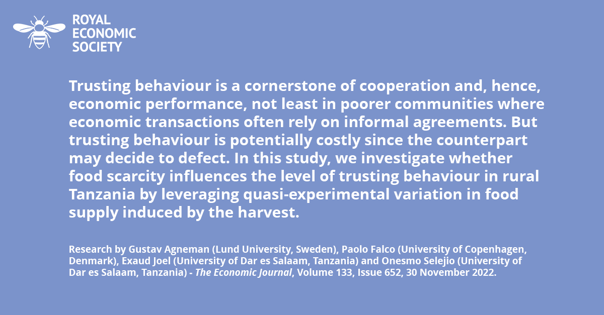 Royal Economic Society (@royaleconsoc) on Twitter photo 📖OPEN ACCESS – Have a look at <a href="/EJ_RES/">The Economic Journal</a>'s paper on ‘The Material basis of Cooperation: how Scarcity Reduces Trusting Behaviour’.
Authors: <a href="/GAgneman/">Gustav Agneman</a> <a href="/paofal/">Paolo Falco</a> Exaud Joel & Onesmo Selejio <a href="/UdsmOfficial/">University of Dar es Salaam</a>
Read here👉bit.ly/43IIlRH
#EconTwitter #AcademicTwitter 📖OPEN ACCESS – Have a look at <a href="/EJ_RES/">The Economic Journal</a>'s paper on ‘The Material basis of Cooperation: how Scarcity Reduces Trusting Behaviour’.
Authors: <a href="/GAgneman/">Gustav Agneman</a> <a href="/paofal/">Paolo Falco</a> Exaud Joel & Onesmo Selejio <a href="/UdsmOfficial/">University of Dar es Salaam</a>
Read here👉bit.ly/43IIlRH
#EconTwitter #AcademicTwitter