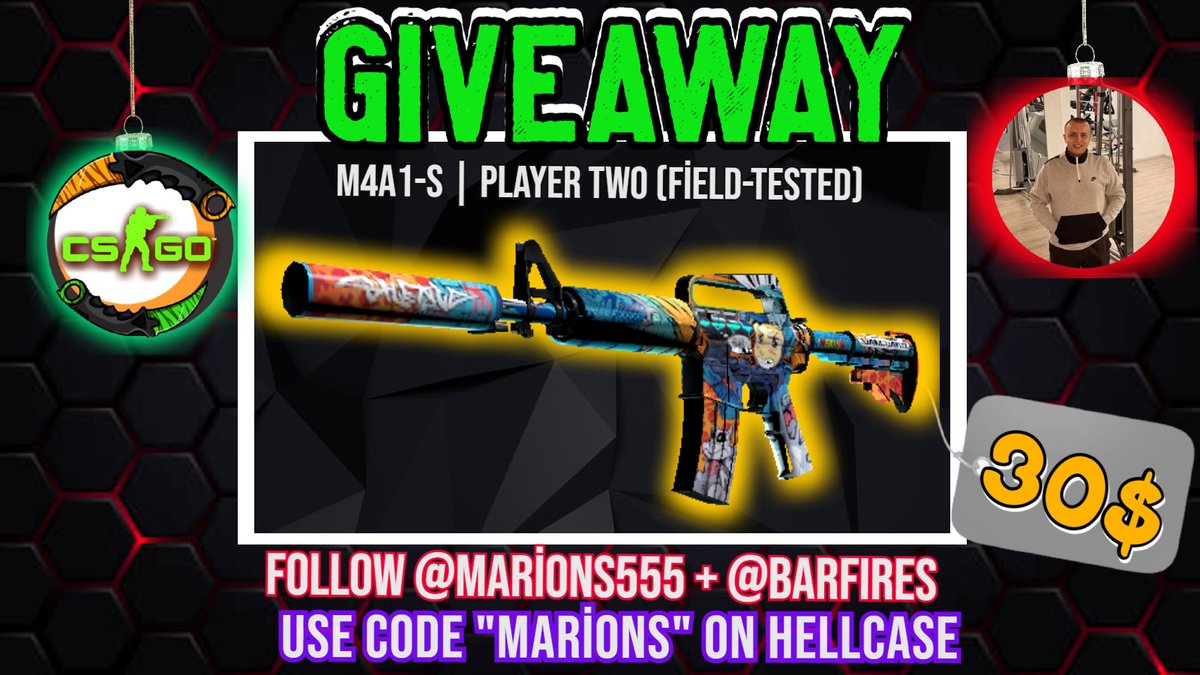 🎁M4A1-S | Player Two (30$)🎁

📢To enter Giveaway 

✅Follow @barfires & @Marions555
✅Retweet 
✅ Use code 'marions' on hellcase hellca.se/marions  (Show Proof) 

⏰Ends in 4 day 

#CSGOGiveaway #csgoskins #csgofreeskins #CSGO #gaming #Giveaway #CSGO2 #csgocases #hellcase