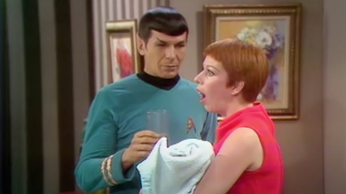 #LiveLongAndProsper #LLAP  #StarTrek 
Spock beams down to dispense baby advice. From the 1st season of the Carol Burnett Show, 1967.