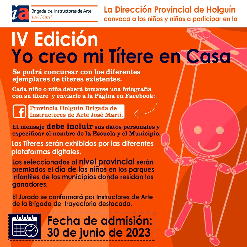 BrigadaArte's tweet photo. Con el objetivo de estimular la creatividad en los más pequeños de casa, la Dirección de la Brigada José Martí convoca a una nueva edición del Concurso "Yo creo mi títere en casa"
¡A PARTICIPAR AMIGOS!
#MiBrigadaSigueAquí 
#BjmPresente https://t.co/TXlA3tfqzE