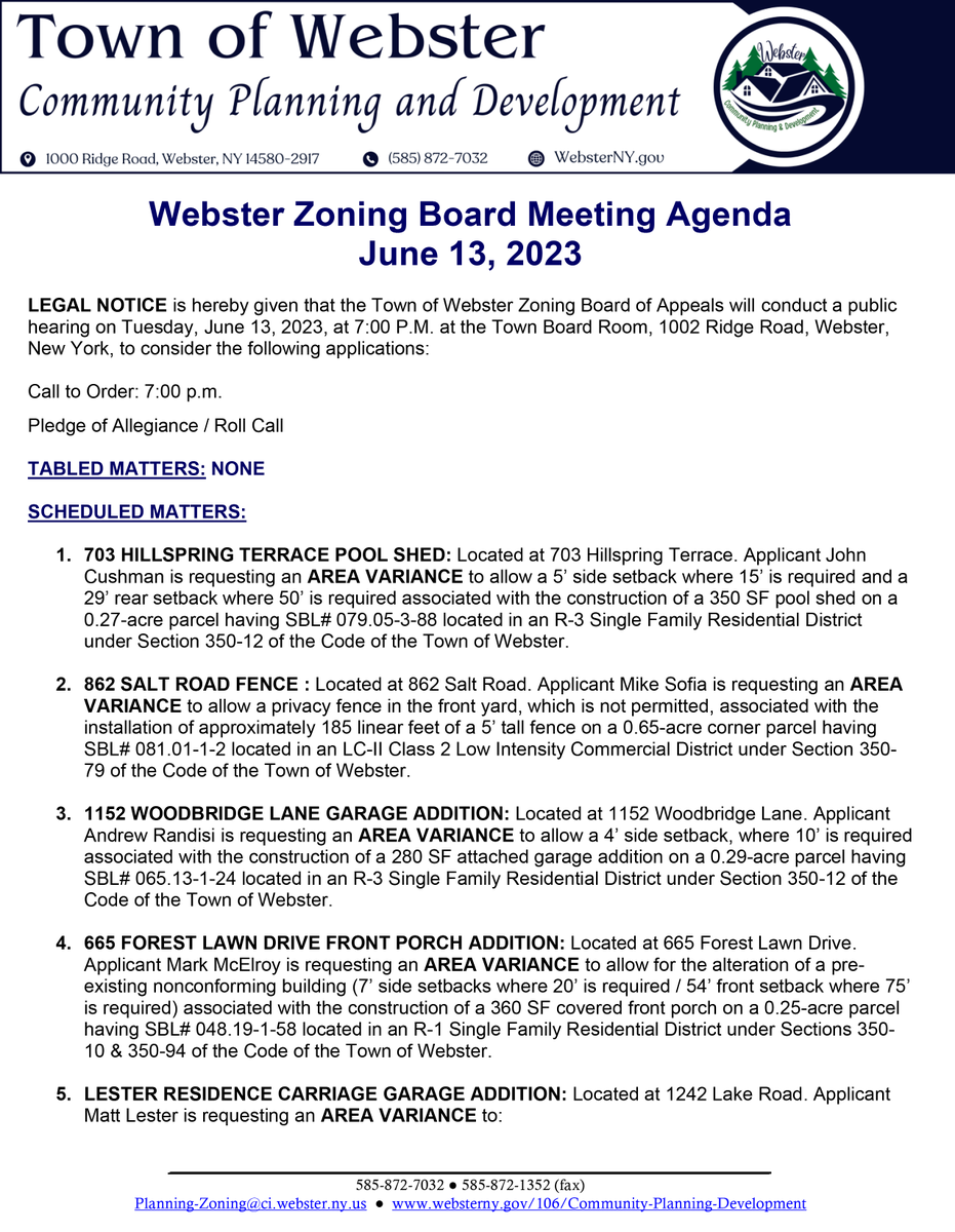 ster, NY on Twitter "ster Zoning Board Meeting Agenda for June
