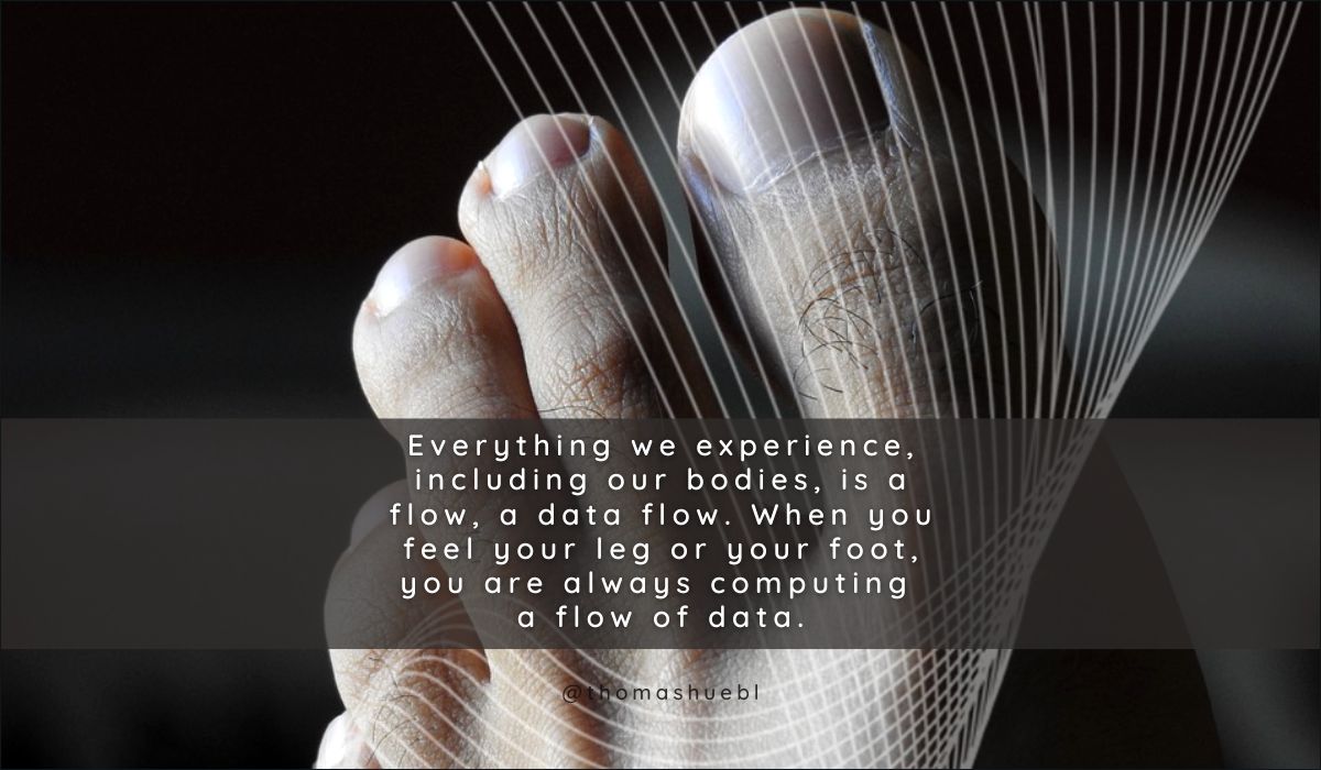 ThomasHuebl's tweet image. Everything we experience, including our bodies, is a flow, a data flow. When you feel your leg or your foot, you are always computing a flow of data.
#bodyerception #dataflow #movement