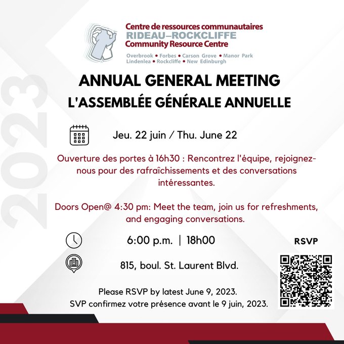 AGM for CRC Rideau-Rockcliffe, June 22 2023 doors open 4:30. AGM starts at 6:00