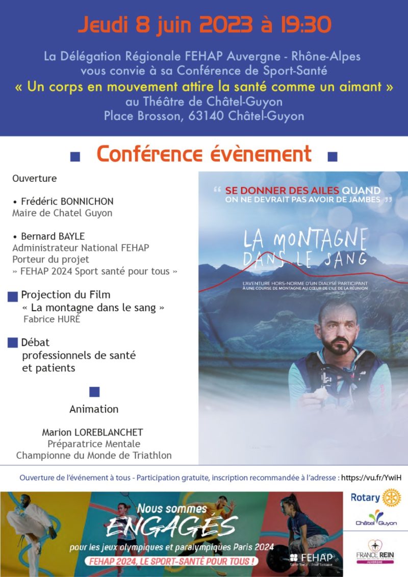 Chatel_Guyon's tweet image. Ce jeudi 8 juin à 19h30, la @FEHAP_ARA organise une soirée sport-santé au Théâtre. 🤩🤾
Au programme : présentation des bienfaits du "sport-santé", projection d'un film, débats et témoignages 👉 chatel-guyon.fr/.../une-soiree…
