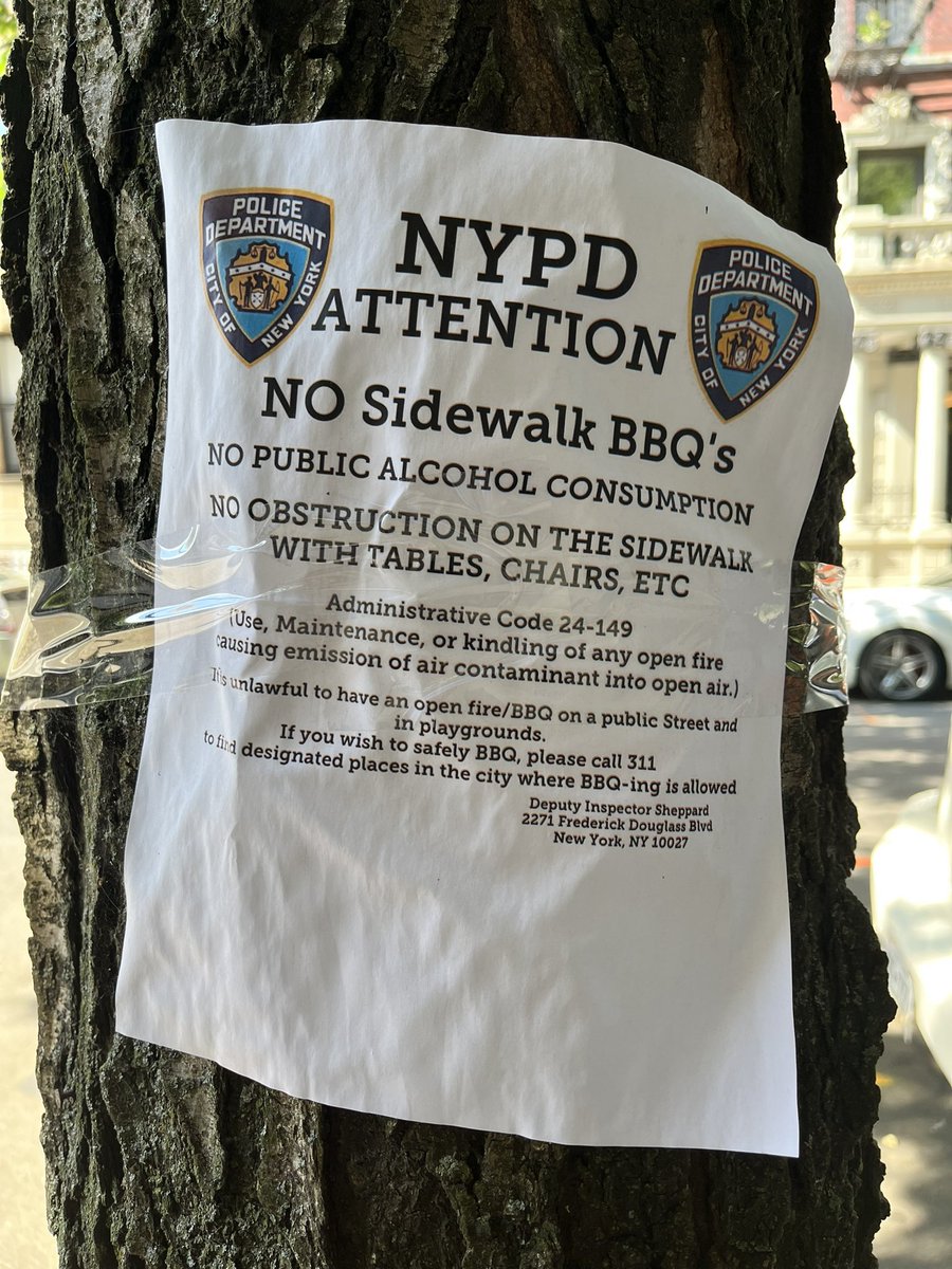 Shocked to see NYPD had plastered my neighborhood with “No sidewalk BBQs” signs. Reminded of a recent article on silence and “gentrification”. Sidewalk BBQs are a staple of summer in Harlem and one of the main ways families, friends socialize and spend time together.