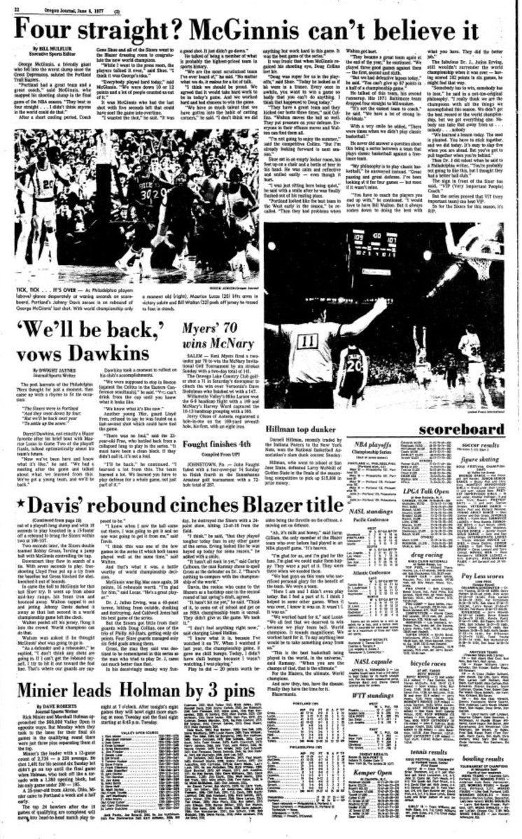 77Blazers's tweet photo. June 5 1977 - A few pages of the #OregonJournal newspaper coverage of the @trailblazers @NBA Title

#RipCity https://t.co/oTv9vqaNnX