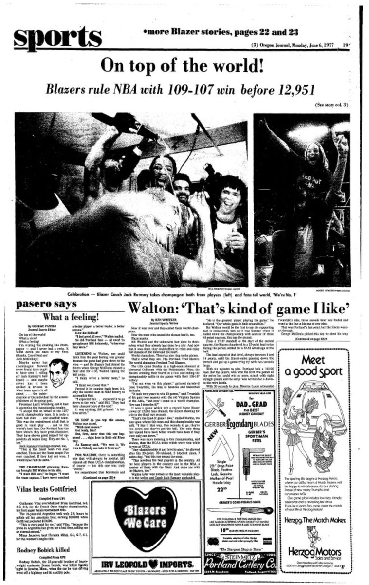 77Blazers's tweet photo. June 5 1977 - A few pages of the #OregonJournal newspaper coverage of the @trailblazers @NBA Title

#RipCity https://t.co/oTv9vqaNnX