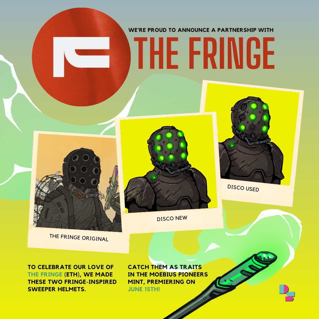 We’re excited to reveal our first Moebius Pioneers collaboration!

DS x The Fringe (ETH)

We’ve partnered with the creators of Prospect (a gem of a sci-fi movie starring Pedro Pascal) and <a href="/fringedrifters/">THE FRINGE</a>! MP will feature a Sweeper helmet based on their design, made by Deadpaint!