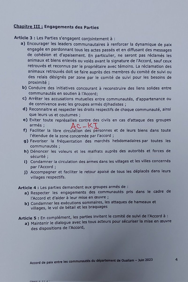 #Niger: contenu de l'accord de paix entre les communautés du département de Ouallam (Tillabéri), signé à #Tondikiwindi, le dimanche 4 juin 2023 grâce à la facilitat° du <a href="/hdcentre/">Centre for Humanitarian Dialogue</a> et sous la supervision de M. Hama-A Souley, MI et du Gouverneur de Tillabery en présence des PTF. 1/2