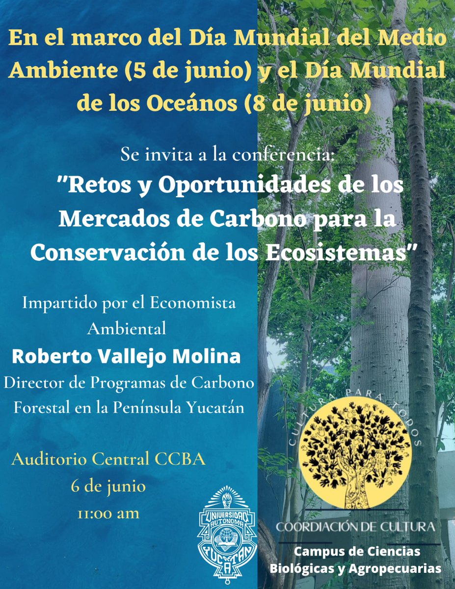 canopiacarbon's tweet photo. Mañana 6 de junio a las 11am en el campus de Ciencias biológicas y agropecuarias de la
@UADYoficial, la conferencia "Retos y perspectivas del #MercadodeCarbono p/ la #Conservación de #Ecosistemas", impartida x Roberto Vallejo, Director de #CanopiaCarbon en la Península de Yucatán https://t.co/6jXHS1xjw8