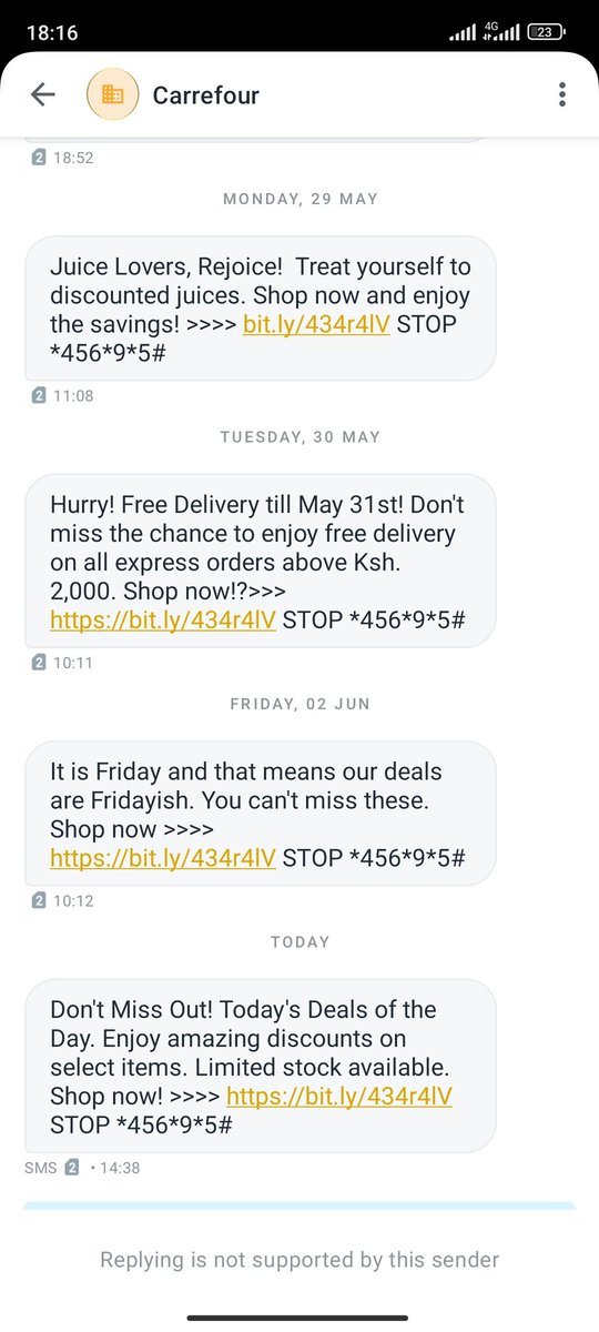 @CarrefourKe @MajidAlFuttaim Hello @CarrefourKe these texts are too many and annoying. Kindly opt me out because @AIRTEL_KE are clearly clueless on how to stop them.