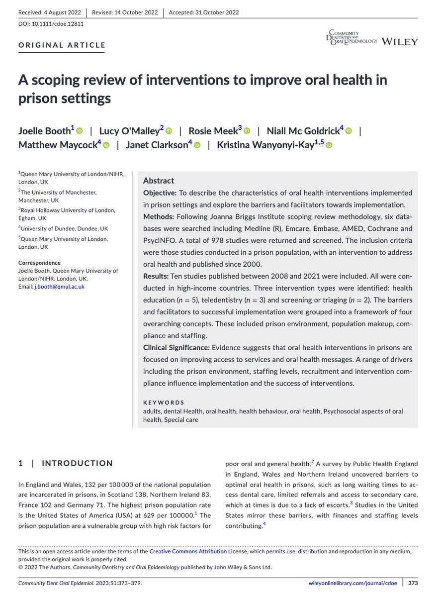 Community Dentistry Oral Epidemiology (@commdentoralepi) on Twitter photo What do we know about oral health interventions in prison settings?
New in the June issue of <a href="/CommDentOralEpi/">Community Dentistry Oral Epidemiology</a> from <a href="/JoelleBooth3/">Joelle Booth</a> <a href="/1Niallmcg/">Niall Mc Goldrick</a> <a href="/LucyOMalley/">Lucy O'Malley</a> and team
onlinelibrary.wiley.com/share/URVPRRZ2… What do we know about oral health interventions in prison settings?
New in the June issue of <a href="/CommDentOralEpi/">Community Dentistry Oral Epidemiology</a> from <a href="/JoelleBooth3/">Joelle Booth</a> <a href="/1Niallmcg/">Niall Mc Goldrick</a> <a href="/LucyOMalley/">Lucy O'Malley</a> and team
onlinelibrary.wiley.com/share/URVPRRZ2…