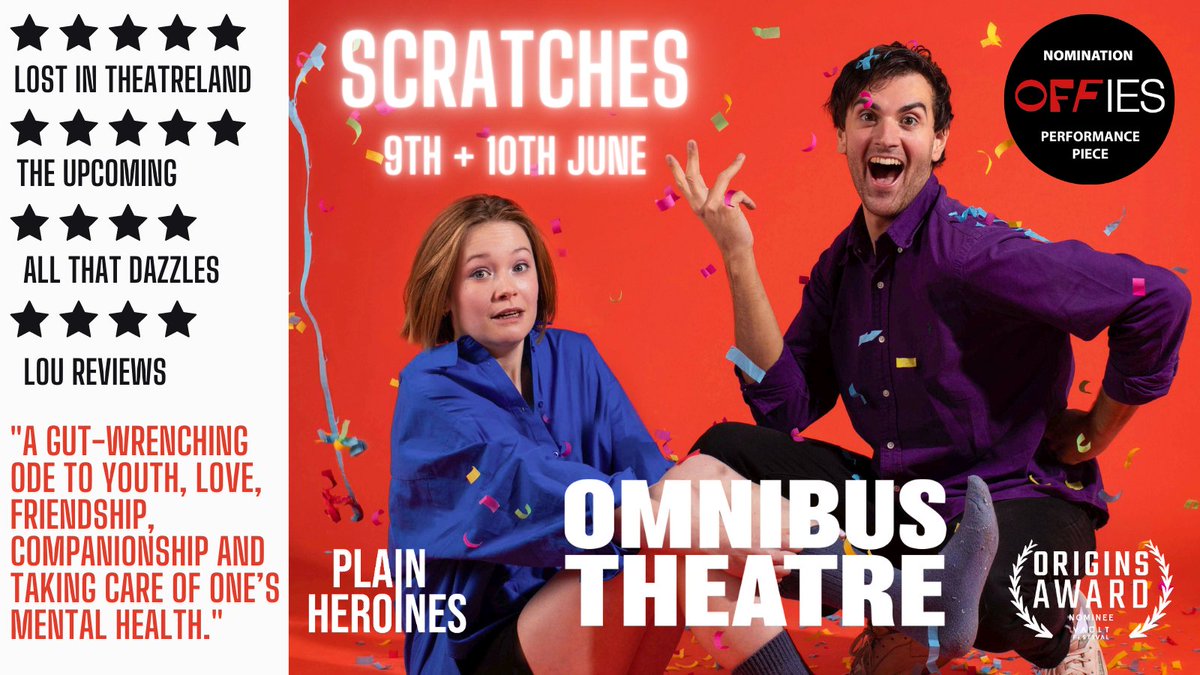 THIS WEEK: <a href="/PlainHeroines/">Plain Heroines</a> 
@aoifekennan 
<a href="/gabbiebird/">Gabriella Bird</a> 
<a href="/ZakGT1/">Zak G-T</a> 

A funny and honest new play about self-harm, friendship and recovery.

9th-10th June, 9pm <a href="/OmnibusTheatre/">Omnibus Theatre</a> 

SELF CARE GUIDE: docs.google.com/document/d/19h…

TICKETS: omnibus-clapham.org/scratches/

Poster by Ali Wright