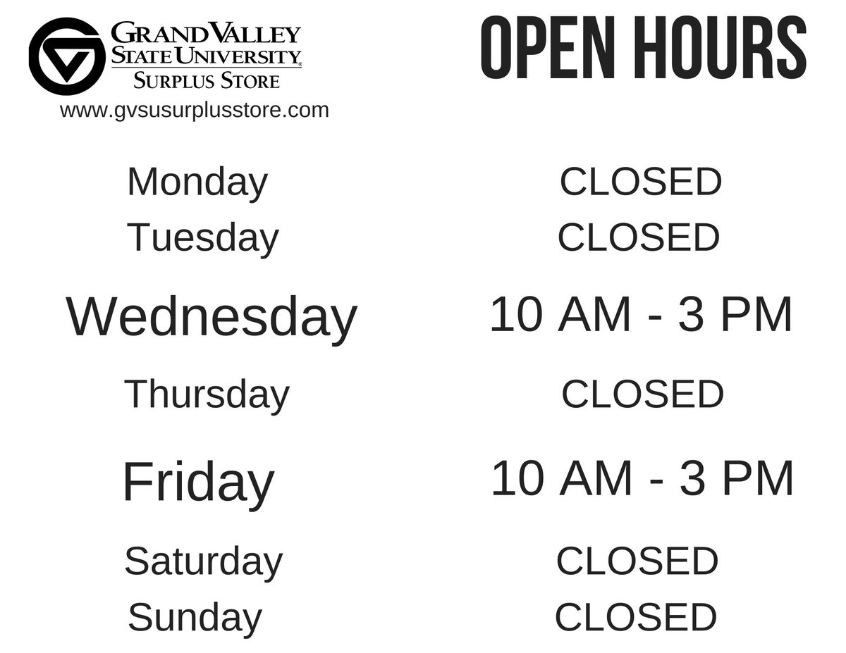 GVSUsurplus's tweet photo. Happy Monday! 

We have updated our Summer Hours and will now be opened on Wednesdays from 10am - 3pm starting this week! We hope to see you then! https://t.co/w56X5ojqKr