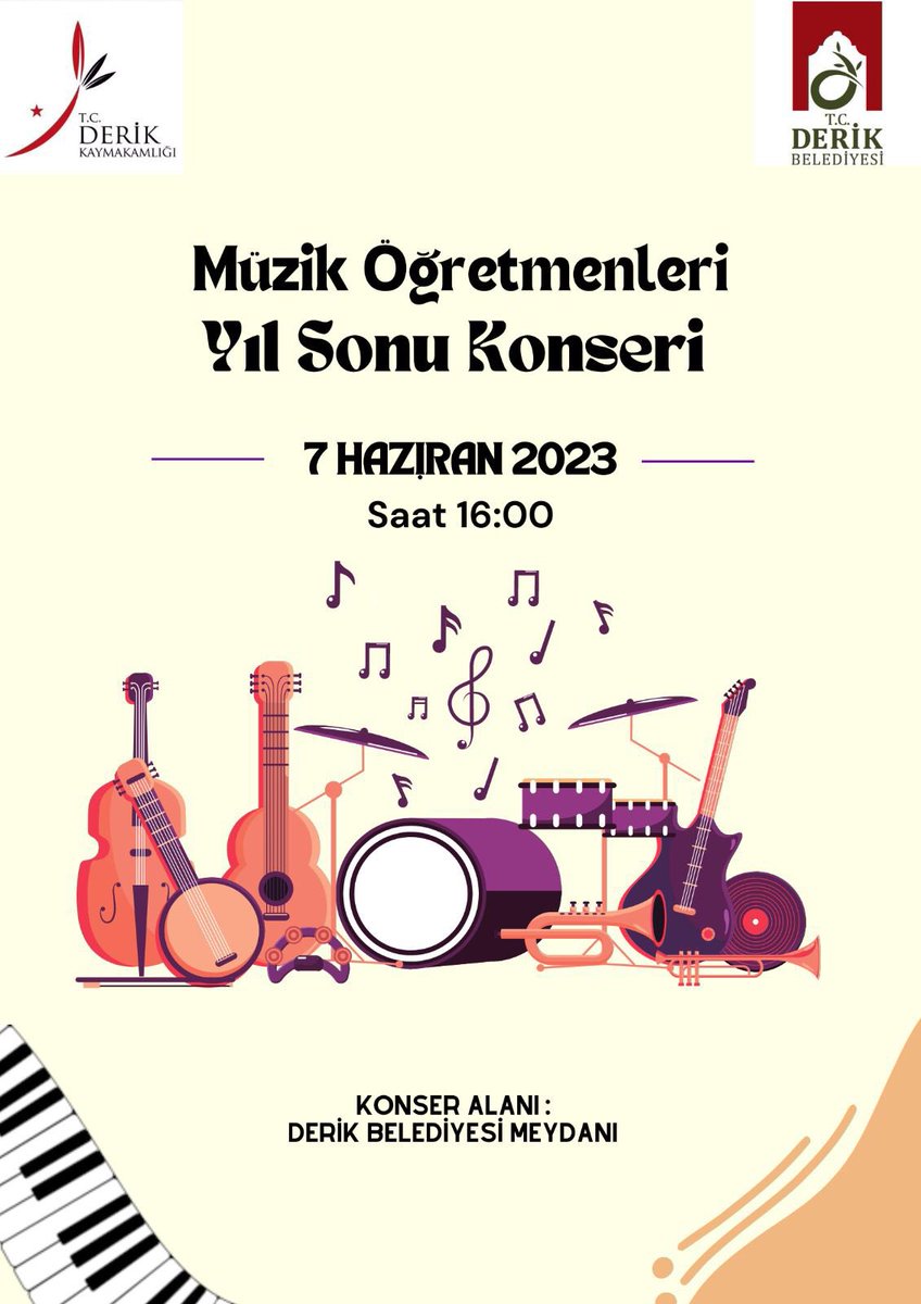 7 Haziran Çarşamba günü İlçemiz Müzik öğretmenleri Belediye meydanında saat:16:00 da öğrencilerimiz ve velilerimiz için yılsonu şenlikleri kapsamında konser verecektir. Tüm öğretmen, öğrenci ve velilerimiz davetlidir
<a href="/DerikKaymakam/">T.C. Derik Kaymakamlığı</a> <a href="/derikmem47/">Mardin/Derik İlçe Millî Eğitim Müdürlüğü🟢🇹🇷</a> <a href="/MstfaKAHRAMAN/">Mustafa KAHRAMAN 🟢🇹🇷</a> <a href="/HasanKaya47_/">Hasan Kaya</a>