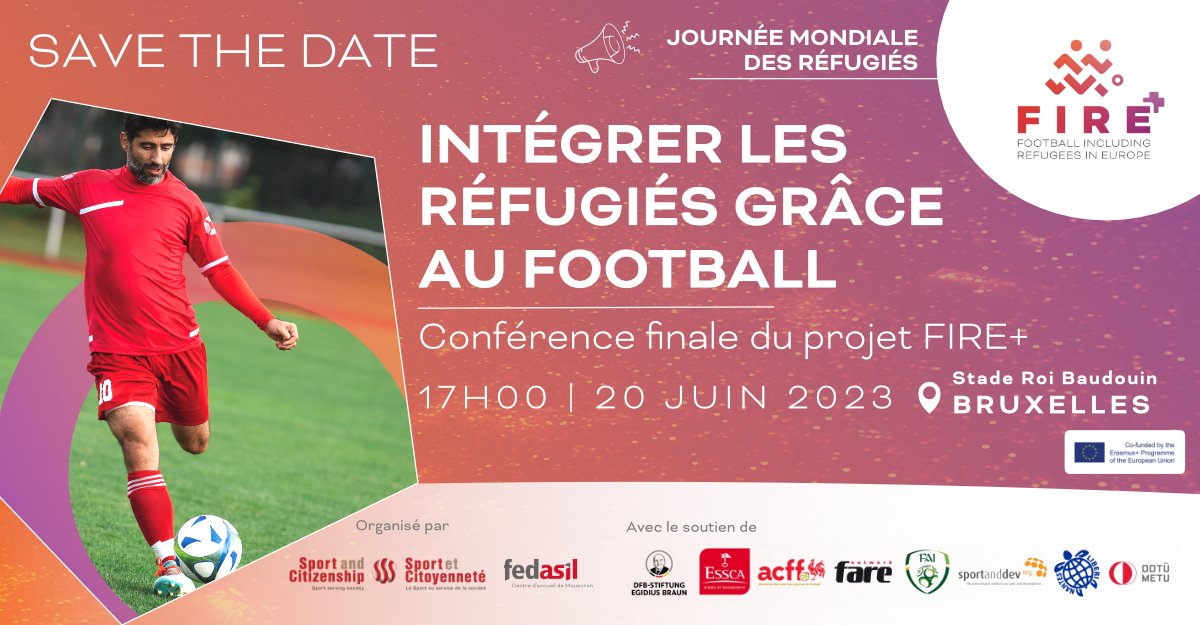 Réservez la date📅! Rejoignez-nous le mardi 20 juin pour la conférence finale du projet #FIRE+ ! Nous allons parler #football et #intégration des réfugiés en #Europe🇪🇺 à l'occasion de la journée mondiale des réfugiés ! 🤝⚽️
Inscription gratuite ici 📝 eventbrite.de/e/billets-inte…