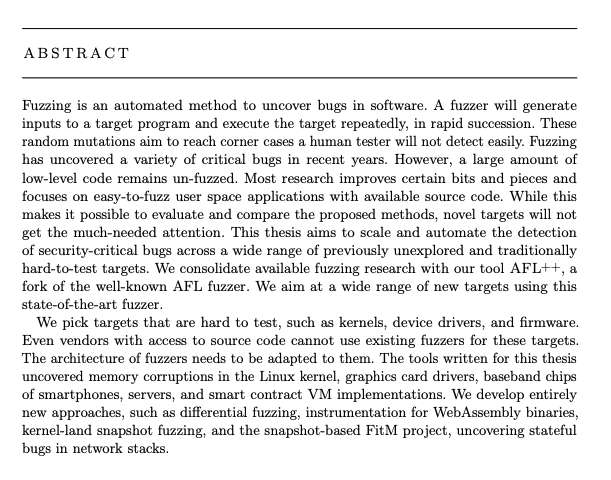 Almost a year after my defense, my PhD thesis 'Automated Security Testing of Unexplored Targets Through Feedback-Guided Fuzzing' is now archived on the university server 🎉
We fuzzed Nvidia drivers, tcp servers, basebands, WebAssembly, ..

Enjoy reading :)
depositonce.tu-berlin.de/items/c3aaf2ec…