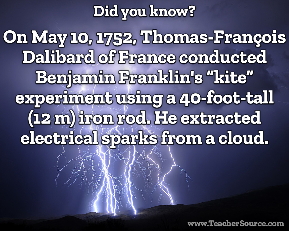 On May 10, 1752, Thomas-Francois Dalibard of France conducted Benjamin Franklin's 'kite' experiment.
#ThomasFrancoisDalibard #electricity #lightning #BenFranklin #KiteExperiment #science #ScienceHistory #ScienceBirthdays #OnThisDay #OnThisDayInScienceHistory