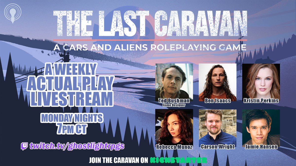 ghostlightrpgs's tweet photo. Tonight we begin the road trip.

#TheLastCaravan is a cars-and-aliens #ttrpg launching on Kickstarter tomorrow! Check out the session zero on stream with us tonight, and see this family assemble for a road trip that will change their lives.

We’ll be live at 7pm CDT—link below! https://t.co/rmllB1mIxw