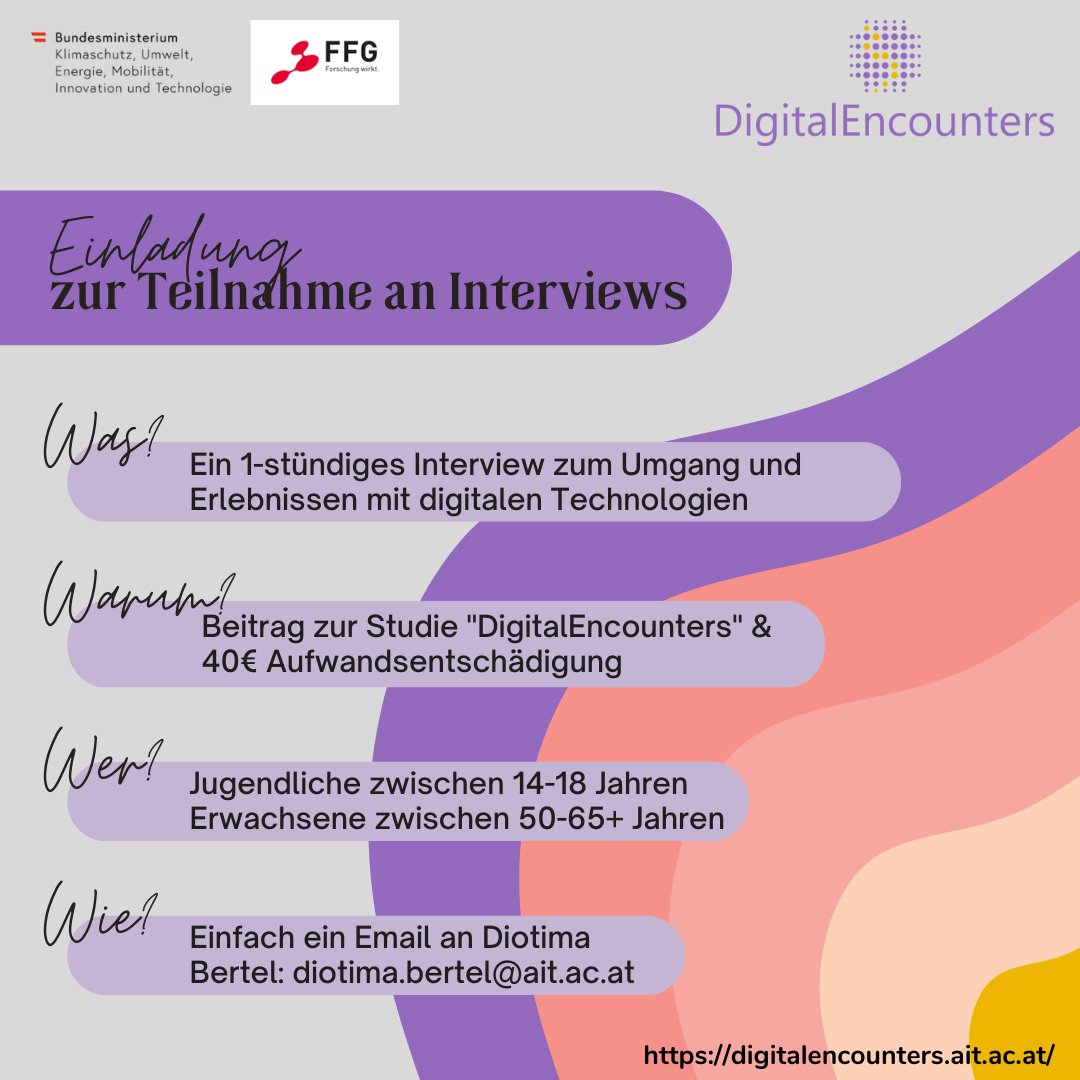 An exciting phase of our research has just started! we are looking for participants in in-depth interviews on experiences with digital technologies: youth between 14-18 years &amp; persons between 50-65+ years. are you interested? contact us!